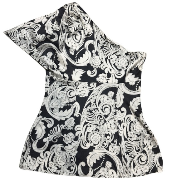 Vintage CACHE Y2K One shoulder top SILK Blouse 
Black and White Size Small - Picture 2 of 12
